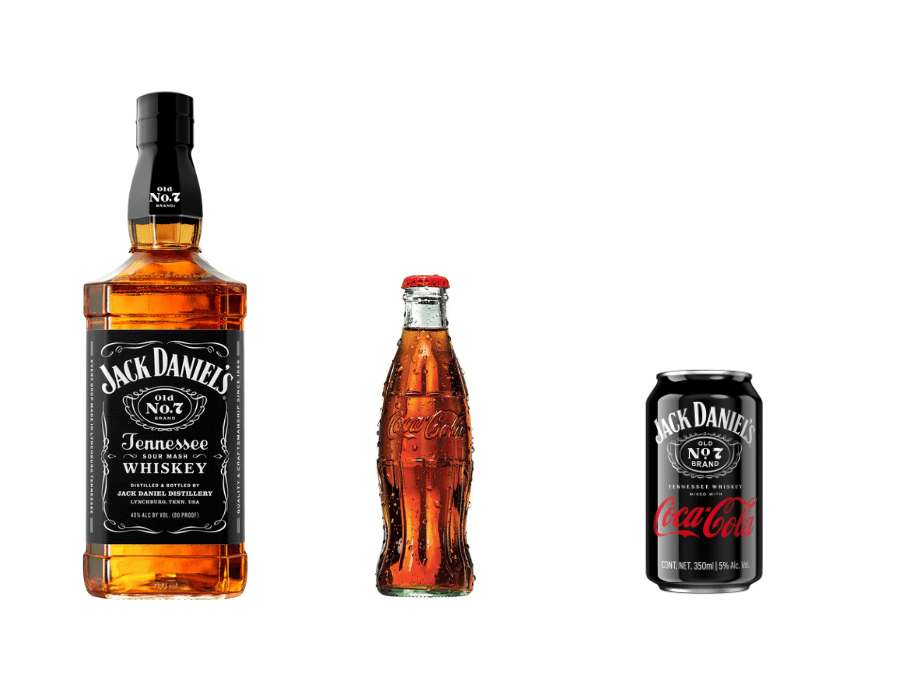 Bottle of Jack Daniel's, bottle of Coca-Cola, can of Jack Daniel's & Coca-Cola RTD