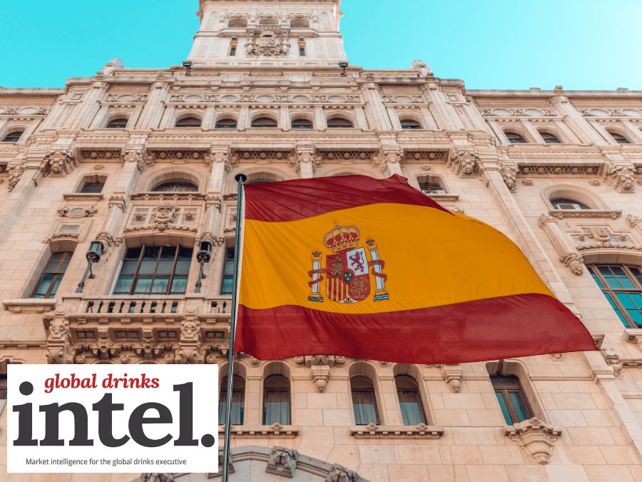 Spanish flag outside an old building with Global Drinks Intel logo