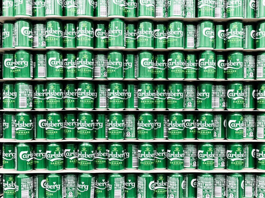 Cans of Carlsberg stacked