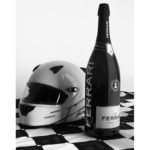 Ferrari Trento jeroboam with crash helmet on chequered flag