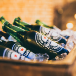 Heineken bottles lying in a crate