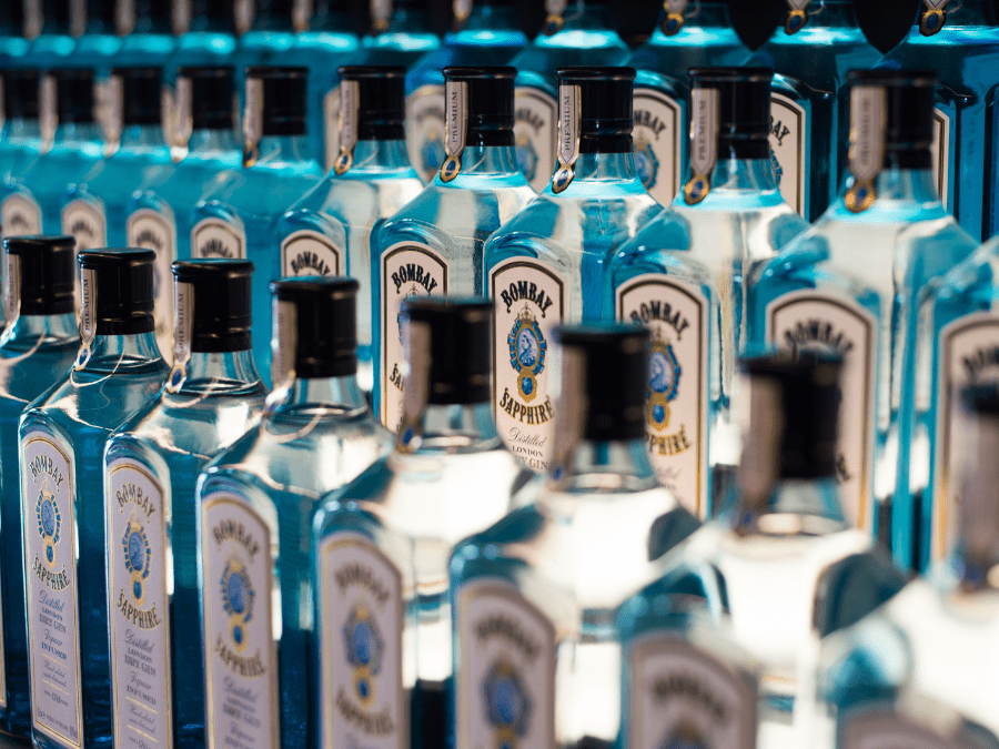 Bottles of Bombay Sapphire gin on a backbar