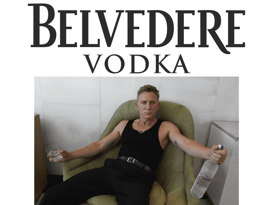 Belvedere Vodka logo with still from advert featuring Daniel Craig