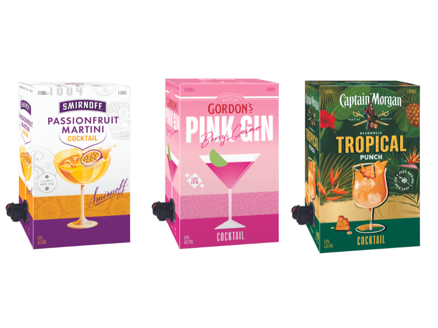 Smirnoff Passionfrult Martini, Gordon's Pink Gin Berry Cosmo and Captain Morgan Tropical Punch boxed cocktails