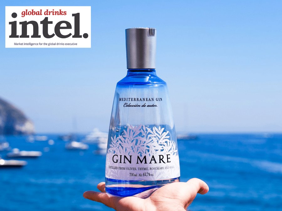 Bottle of Gin Mare with sea background