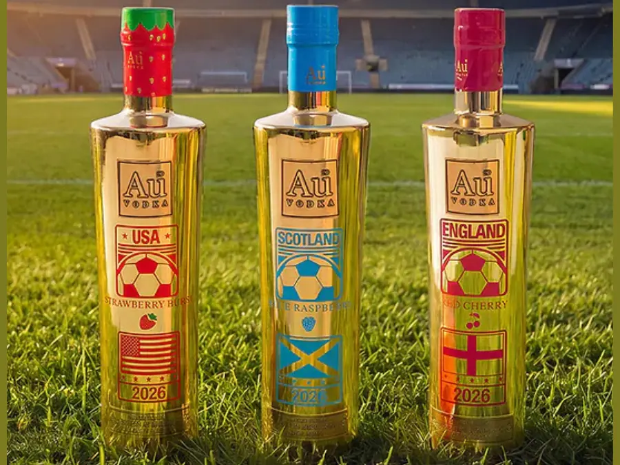 Three bottles of Au vodka, one each for England, Scotland and USA