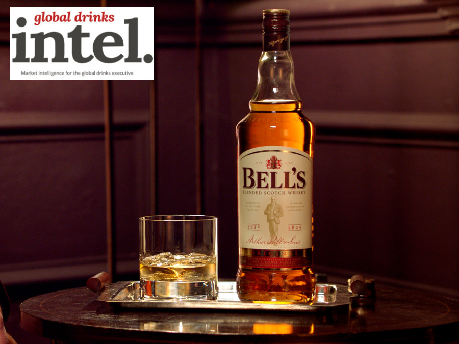 Bell's blended scotch bottle with glass
