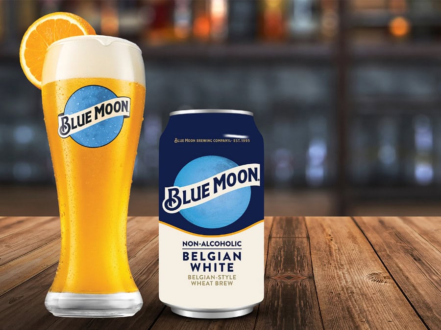 Blue Moon NA can on a bar