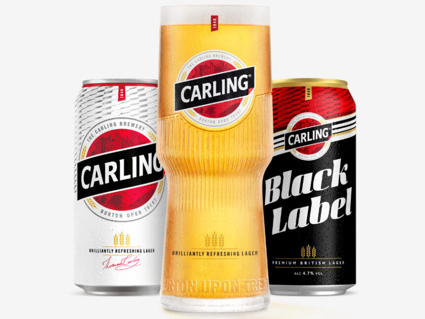 Carling cans and branded glass