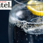 Serve of clear, carbonated drink with lemon garnish