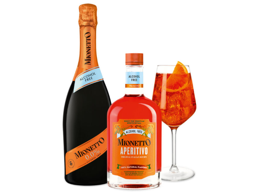 Bottle of Mionetto alcohol-free sparkling wine and Mionetto alcohol-free Aperitivo