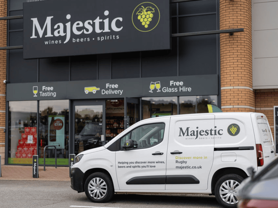 Exterior of Majestic retail outlet with branded van
