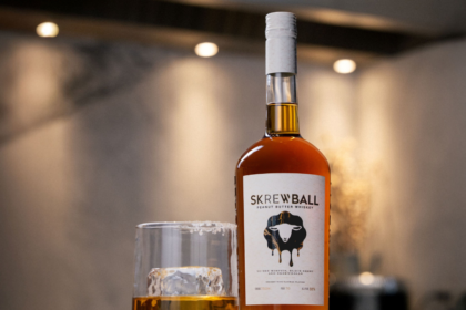 Skrewball Peanut Butter Whiskey bottle with serve