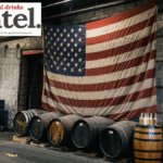 American flag above row of barrels in warehouse