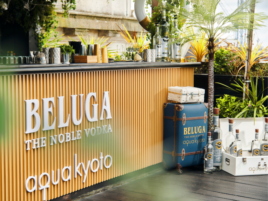 Aqua Kyoto restaurant reception with Beluga branding