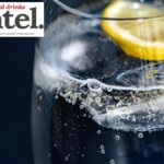 Serve of clear, carbonated drink with lemon garnish