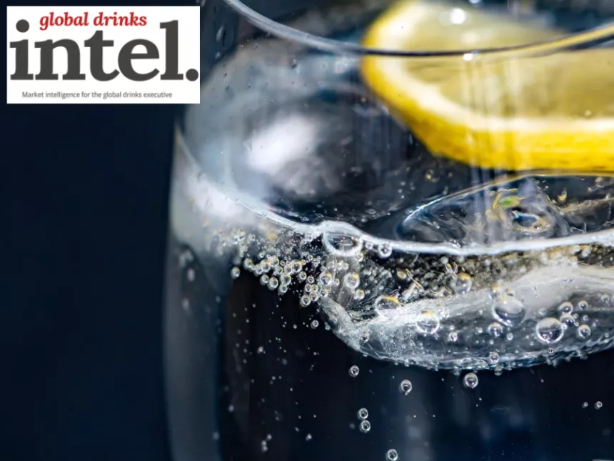 Serve of clear, carbonated drink with lemon garnish