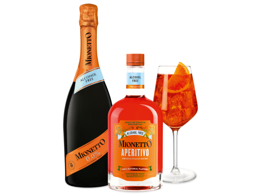 Bottle of Mionetto alcohol-free sparkling wine and Mionetto alcohol-free Aperitivo