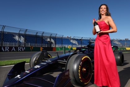 Model Eleanor Baillieu with F1 car plus Penfolds bottle