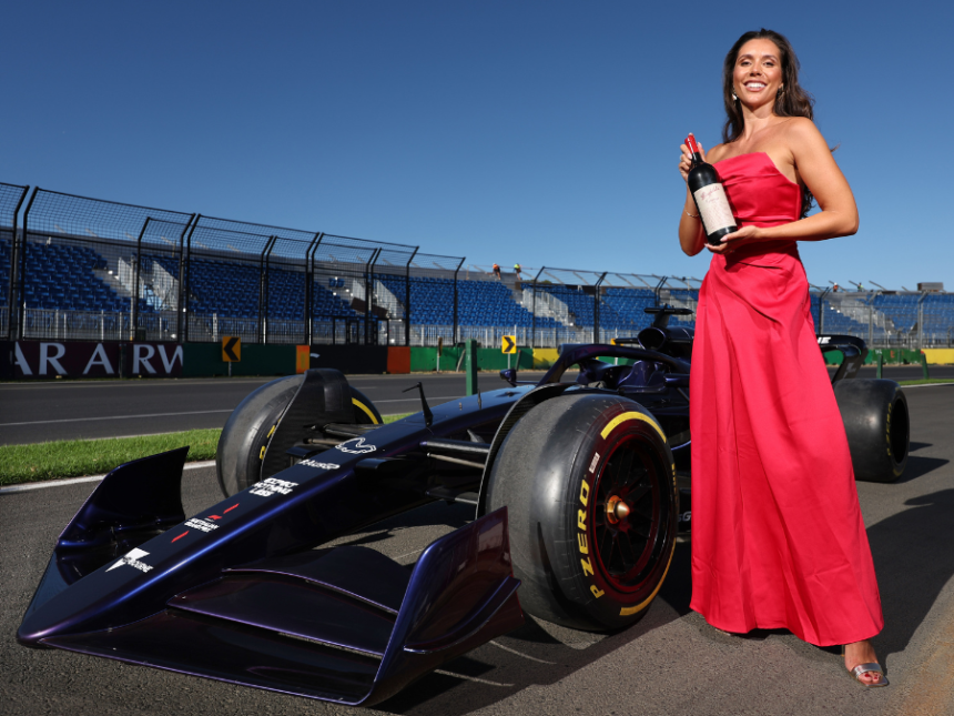 Model Eleanor Baillieu with F1 car plus Penfolds bottle