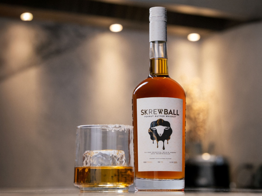 Skrewball Peanut Butter Whiskey bottle with serve
