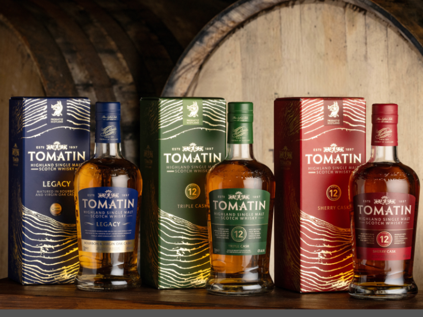Tomatin single malt, three expressions, featuring updated packaging 160326