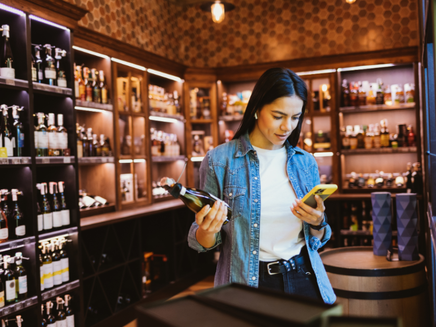 Woman looking at a phone in an alcohol off-premise outlet