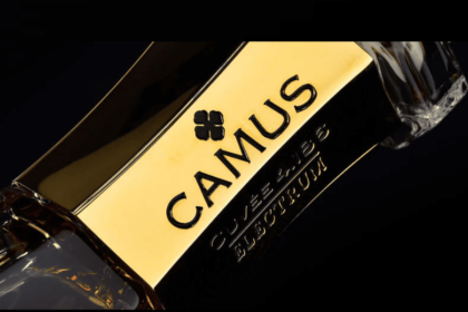 Close-up of Camus branding on a cognac bottle