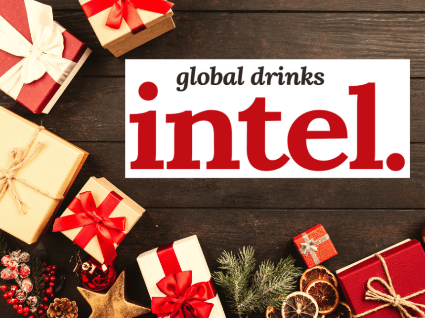 Global Drinks Intel logo next to wrapped presents