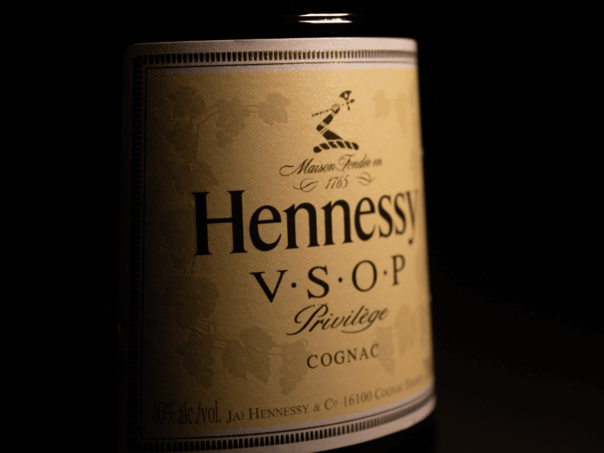 Close-up of a bottle of Hennessy cognac