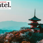 Landscape of Japan, featuring a pagoda and trees in blossom