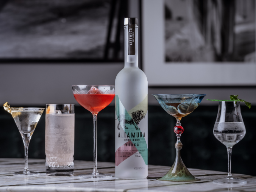 Bottle of Altamura Vodka with four cocktail serves