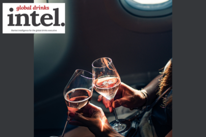 Two glasses of champagne up-close on an aeroplane with Global Drinks Intel logo