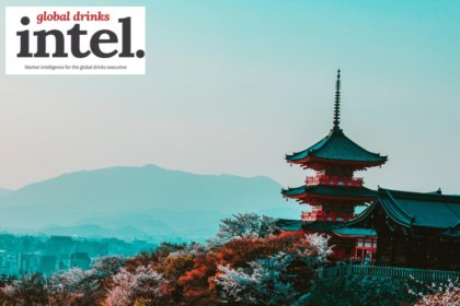 Landscape of Japan, featuring a pagoda and trees in blossom