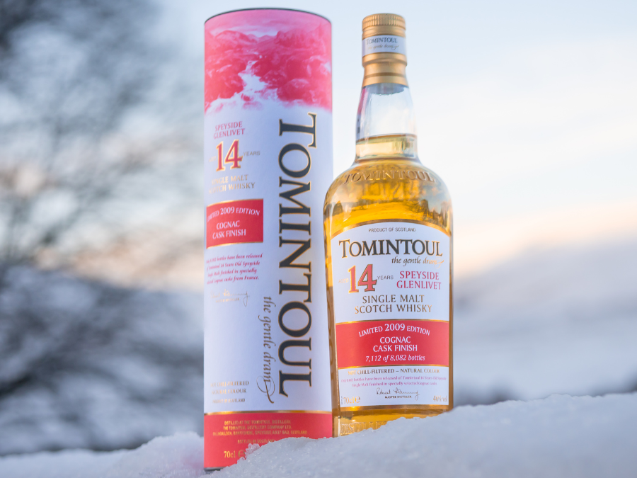 Bottle of and box for Tomintoul 14-year-old Cognac Cask Finish