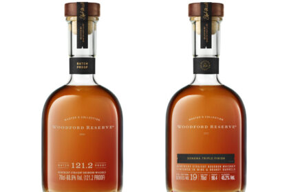 Bottles of Woodford Reserve Batch 121.2 Proof and Sonoma Triple Finish