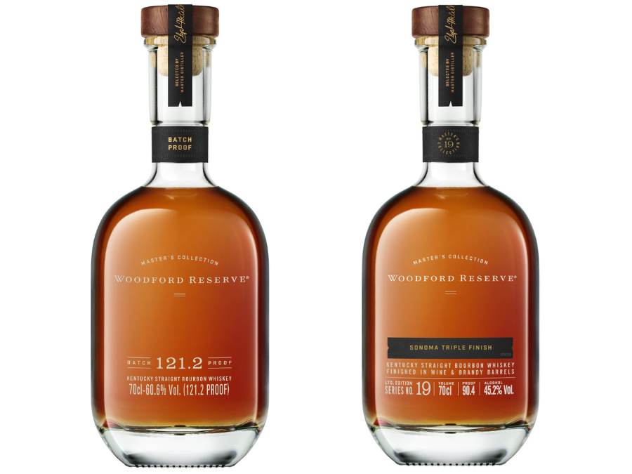 Bottles of Woodford Reserve Batch 121.2 Proof and Sonoma Triple Finish