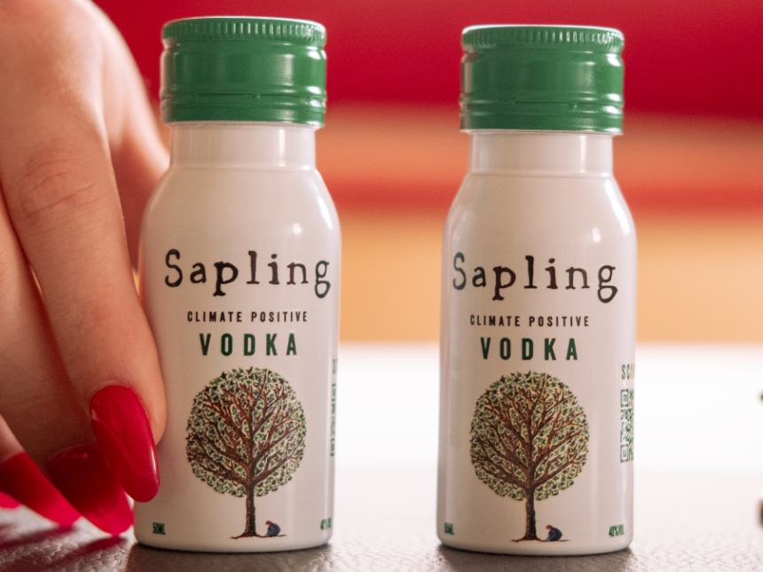 Two 5cl aluminium bottles of Sapling Vodka