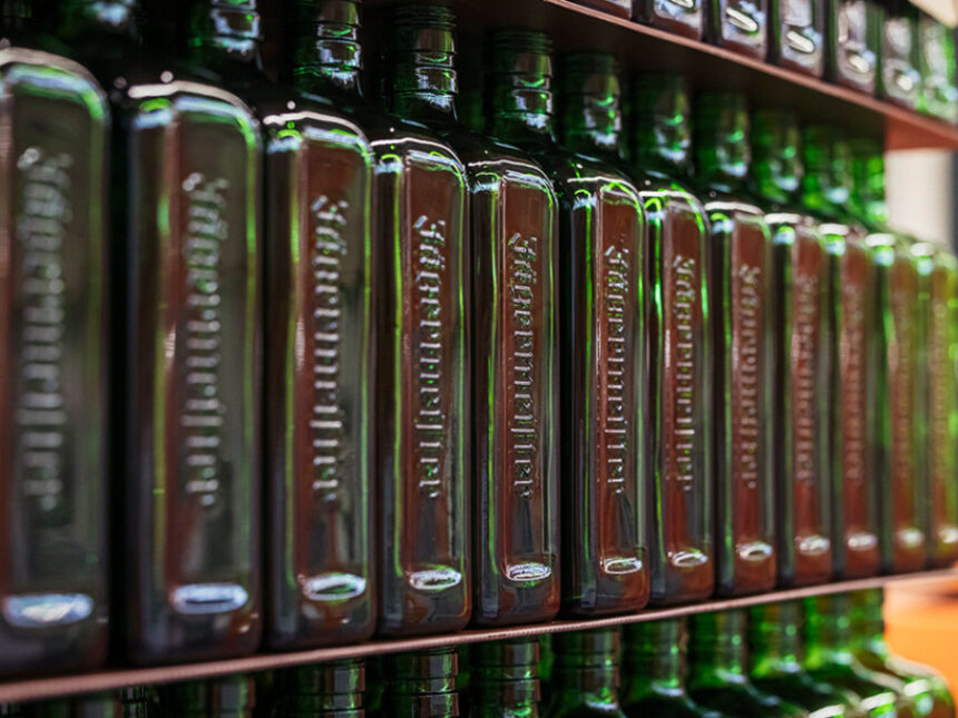 Bottles of Jagermeister on a production line