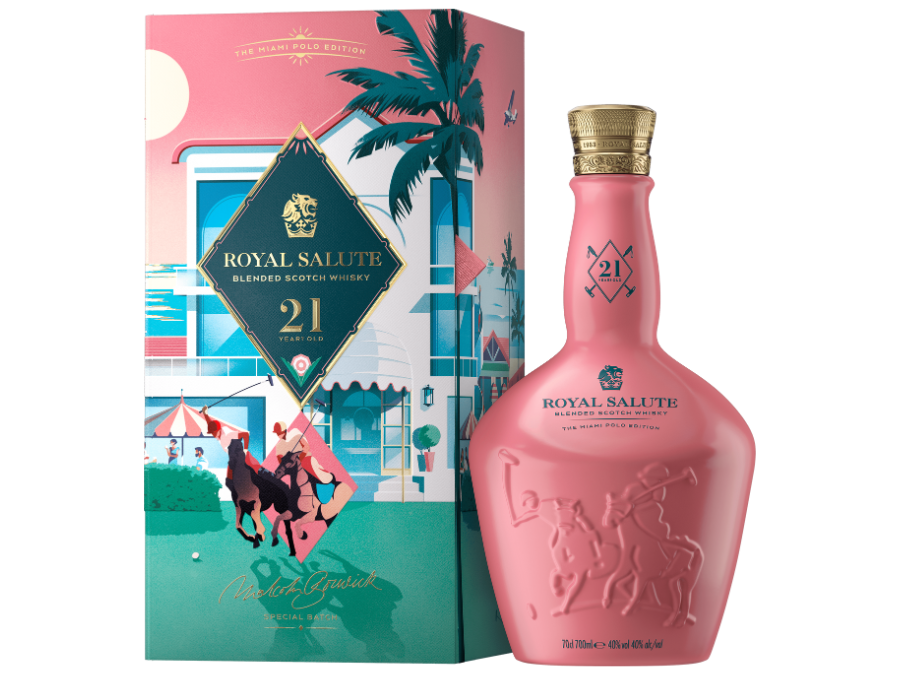 Bottle of and box for Royal Salute 21 Year Old Miami Polo Edition