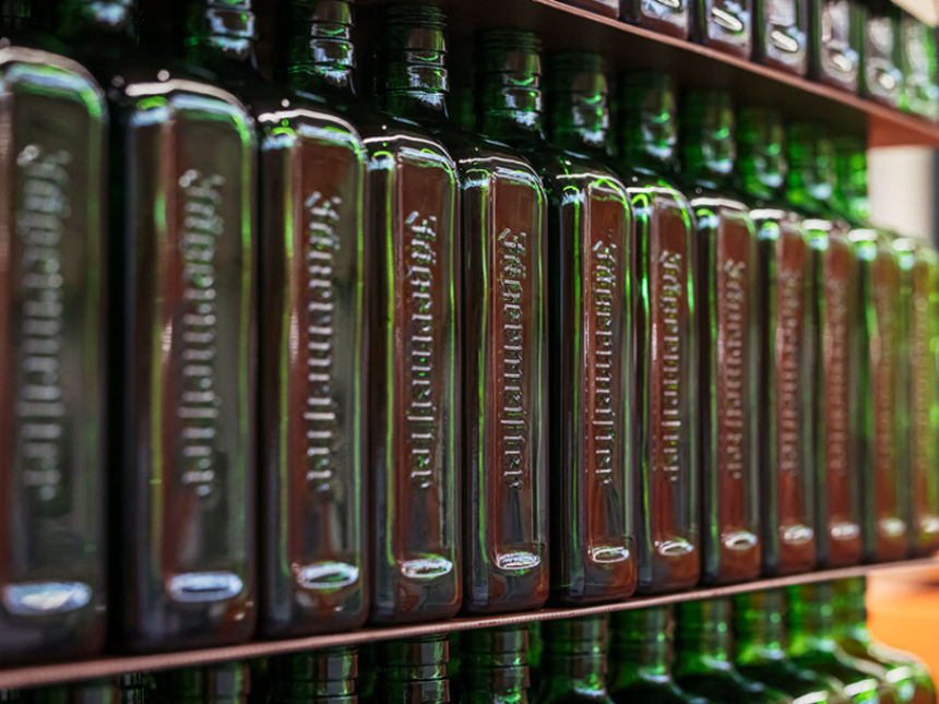 Bottles of Jagermeister on a production line