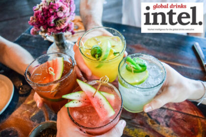 View from above of four colourful drinks