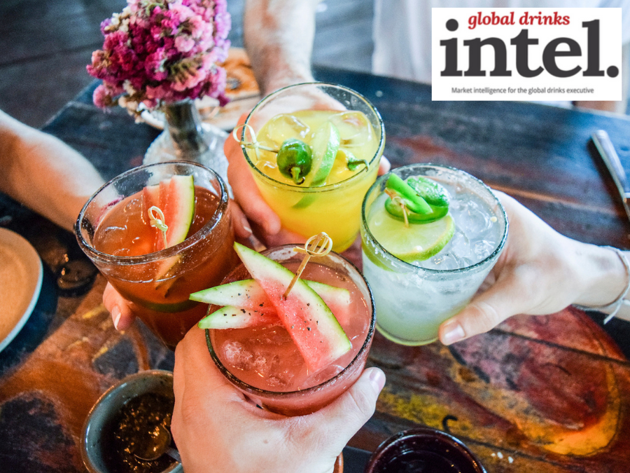 View from above of four colourful drinks