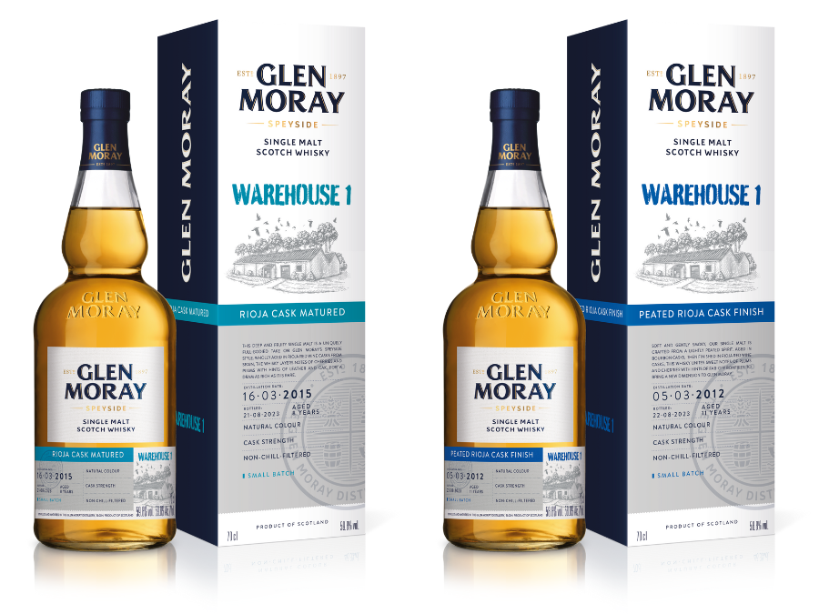 Bottles of and boxes for Glen Moray Rioja Cask Matured and Peated Rioja Cask Finish single malts