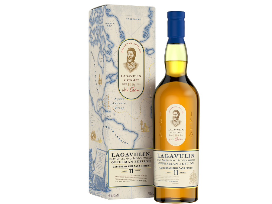 Bottle of and box for Lagavulin Offerman Edition Caribbean Rum Cask Finish Aged 11 Years