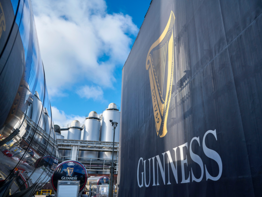 Guinness logo on a wall at St James's Gate brewery in Dublin