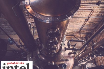Looking down on a copper pot still in distillery