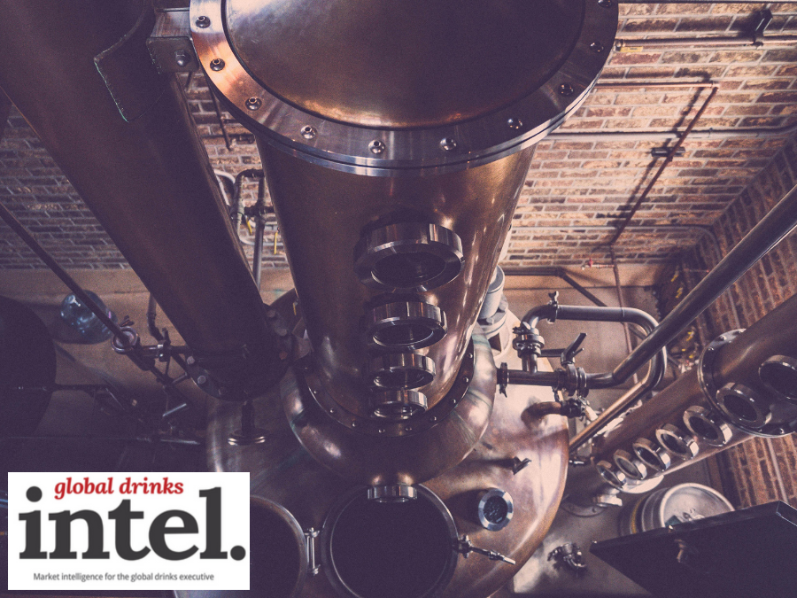 Looking down on a copper pot still in distillery