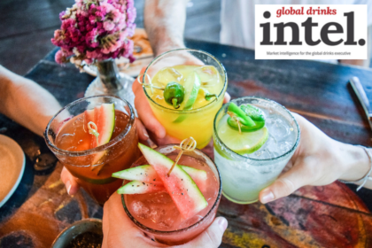 View from above of four colourful drinks