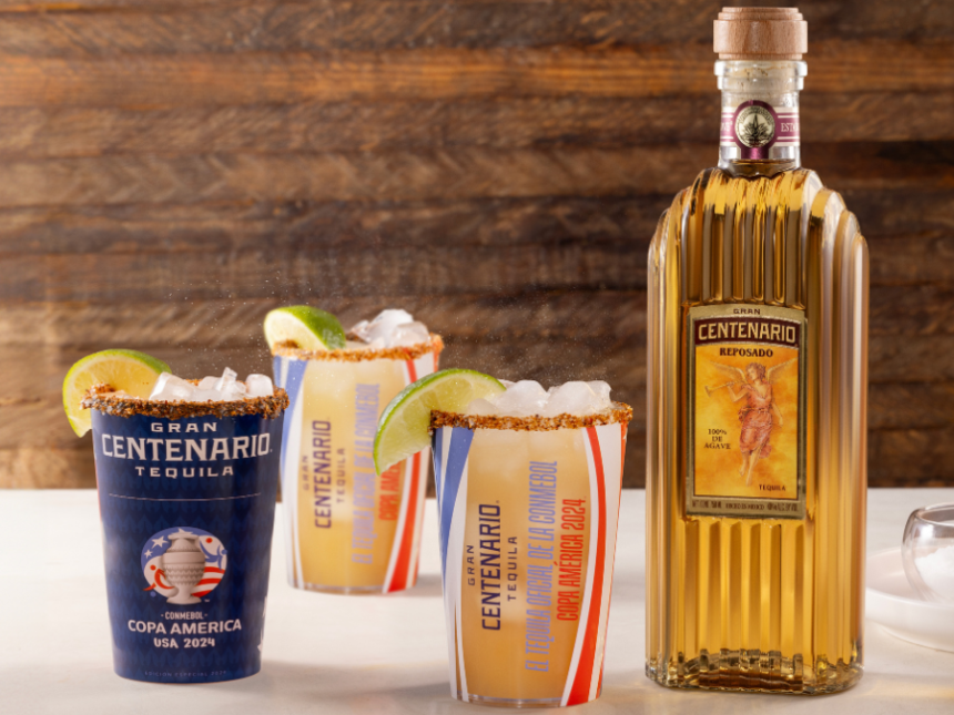 Bottle of Gran Centenario reposado tequila with co-branded Copa America cups